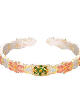 香港正生纯银999足银手镯宫廷描金珐琅莲花吉言麻将如意新年礼物