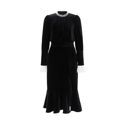 CHICHY高领丝绒鱼尾裙开叉连衣裙