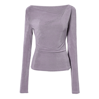 不对称斜领压褶气质打底衫