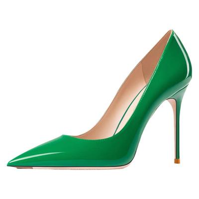 绿色尖头高跟细跟法式单鞋