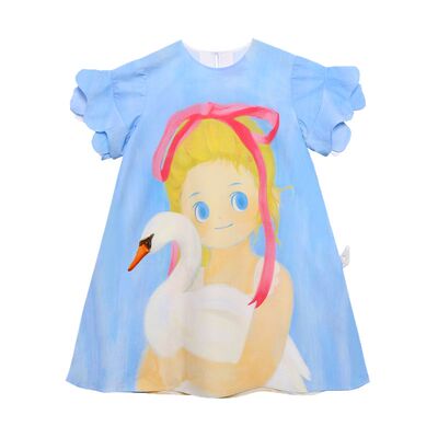 天鹅女孩荷叶袖印花连衣裙公主裙