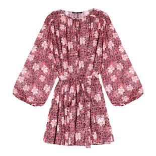 Maje Outlets秋冬女装法式薄纱碎花系带收腰V领长袖短款连衣裙