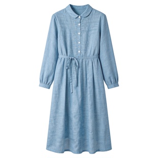 纻衣蓝色显白长袖连衣裙女2026春装新品文艺修身显瘦气质优雅长裙