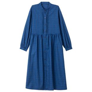 KEIKO 文艺感蓝色磨毛格纹连衣裙春季复古灯笼袖宽松显瘦大摆长裙