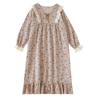 复古碎花睡裙女士睡衣春秋季纯棉纱布长袖长款连衣裙子夏款薄款