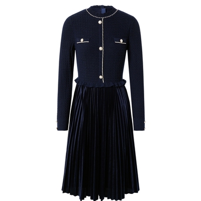 La Koradior拉珂蒂时尚秋季新款长袖百褶裙圆领拼接气质连衣裙女