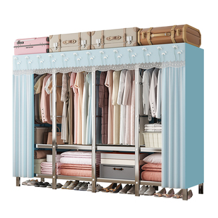 简易衣柜纱帘布衣柜不锈钢钢架结实耐用组装衣柜出租房可折叠纱帘