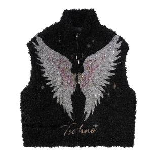 TCH轻奢潮牌烫钻羽翼翅膀黑色毛毛百搭加厚马甲上衣女T75D01E5000