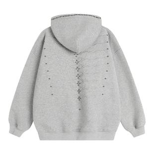 INSstudios 国潮情侣美式「铆钉脊骨刺绣连帽卫衣」宽松加绒帽衫