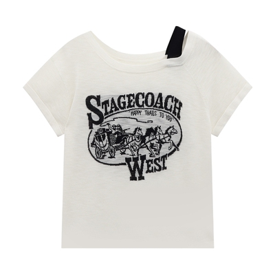 Basic House/百家好美式刺绣露肩短袖针织衫夏季新款短款撞色上衣