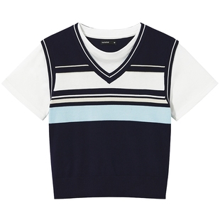 热风女士短袖上衣2025年早秋新款假两件柔软针织衫高智感条纹上衣