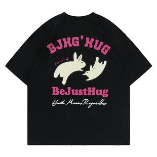 BJHG不计后果 美式兔子短袖t恤男士夏季潮圆领情侣装红色半袖上衣