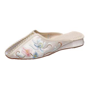 尖头绣花平底鞋包头穆勒鞋女半拖鞋外穿懒人鞋凉拖鞋女老北京布鞋