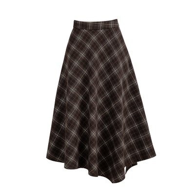 复古格子裙女士不规则毛呢半身裙
