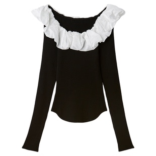 SNIDEL2025秋冬新品甜美立体荷叶领长袖罗纹针织衫上衣SWNT255135