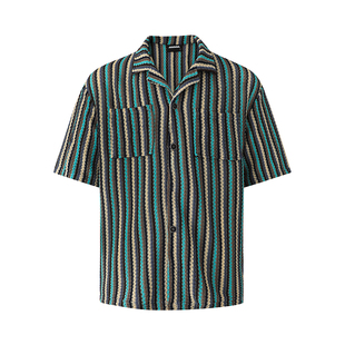 MRCYC设计感条纹短袖衬衫男夏季宽松休闲古巴领衬衣韩系通勤穿搭