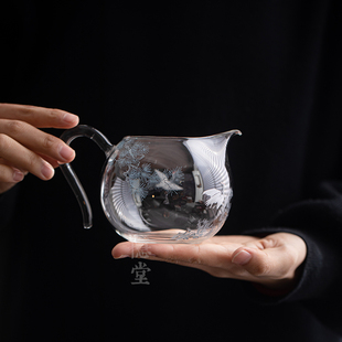 圭隐堂瑞鹤耐热玻璃公道杯家用草堂把手公杯分茶器泡茶匀杯茶海