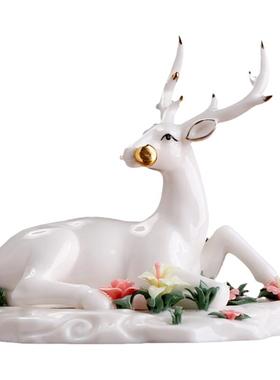 素茗《祥鹿献瑞》陶瓷花鹿摆件