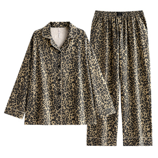 悦内睡衣女秋季春秋款纯棉长袖家居服时尚大码休闲高级感豹纹套装