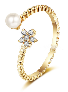 925纯银戒指女半银珍珠镶钻五角星星镀14k黄金活口开口指环首饰品