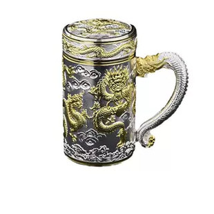 纯银999浮雕九龙银杯银离子保健养生长辈老板保温杯带把手泡茶杯