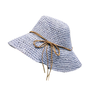 仙女戴的水蓝色蝴蝶结绑带草帽可折叠随意造型遮阳帽太阳帽子女夏