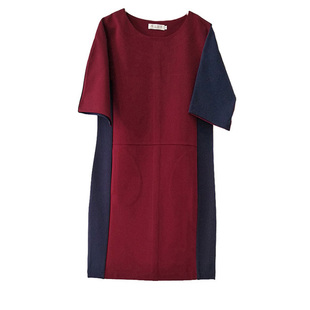 春秋大码纯色中长款套头圆领直筒裙经典大方气质遮肚修身时尚拼色