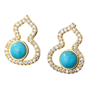 龙丰绿松轩S925银镀18k金葫芦款圆形耳钉高级感正品天然绿松石