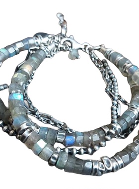 中性氧化纯银复古天然拉长石手链