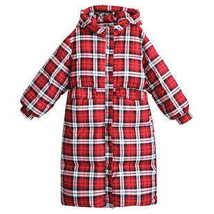 清【光影成诗】加厚红格子羽绒服女长款冬文艺连帽保暖白鸭绒外套