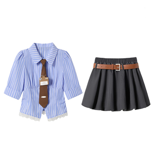 织物猪 江南学院 学院风蓝色条纹衬衫套装夏季灰色花苞短裙两件套