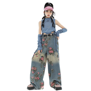女童爵士舞服装沙丘废土风复古牛仔裤女团舞蹈服童模走秀露脐潮装