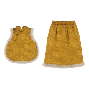 大耳象女童毛绒旗袍马甲旗袍半裙冬新宝儿拜年服加厚保暖气质套装