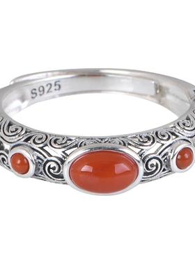 水波纹银戒指南红玛瑙女款民族风