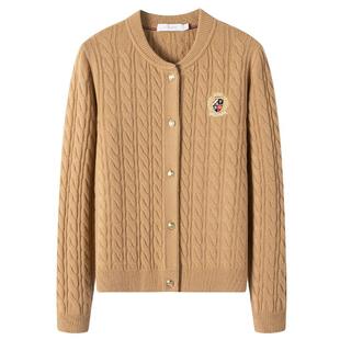 [纯羊毛]Navigare意大利小帆船新款针织开衫女卡其色休闲毛衣外套