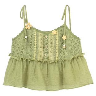 【艾米同款】森女部落森系田园绿色蕾丝花边吊带女上衣外穿背心夏