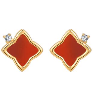 莱绅通灵珠宝 her系列 18K金钻石耳钉 红玛瑙钻石耳饰耳坠菱形