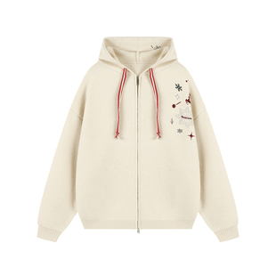 GOOZI MADE圣诞刺绣开衫毛衣男冬季潮牌撞色双拉链连帽针织衫外套