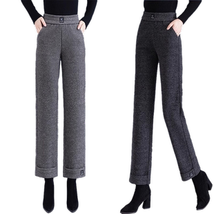 加绒九分毛呢直筒裤女高腰垂感秋冬宽松加厚矮个子窄版阔腿长裤女