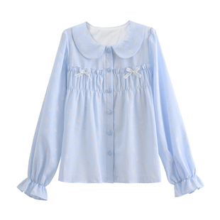森女部落甜美风可爱娃娃领长袖衬衫女上衣2025新款秋内搭蓝色衬衣