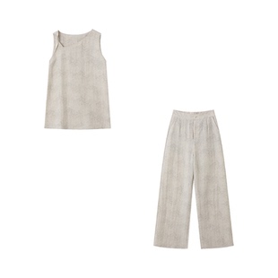 XWI欣未含亚麻莱赛尔老钱松弛套装女夏斜肩扭结背心阔腿裤两件套