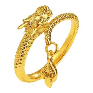 神龙摆尾龙戒指 女纯银镀黄金色龙形生肖龙开口食指戒中国风个性