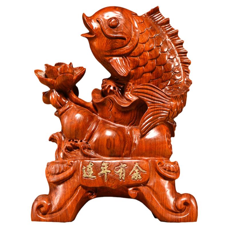 花梨木雕连年有余鱼摆件实木质雕刻年年有余家居客厅红木工艺品