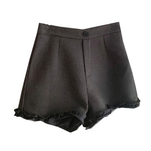 梨形身材木耳边拼接灰色毛呢短裤女秋冬韩系显瘦高腰A字阔腿靴裤