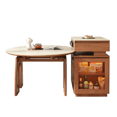 中古风岛台餐桌一体家用可分离式多功能可方可圆桌移动岩板中岛台