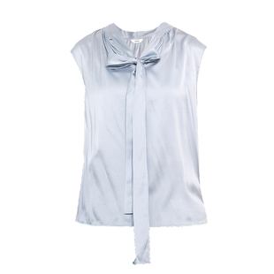 HONRN/红人宽松蓝色薄款桑蚕丝真丝v领系带衬衫女上衣夏HI22SY609