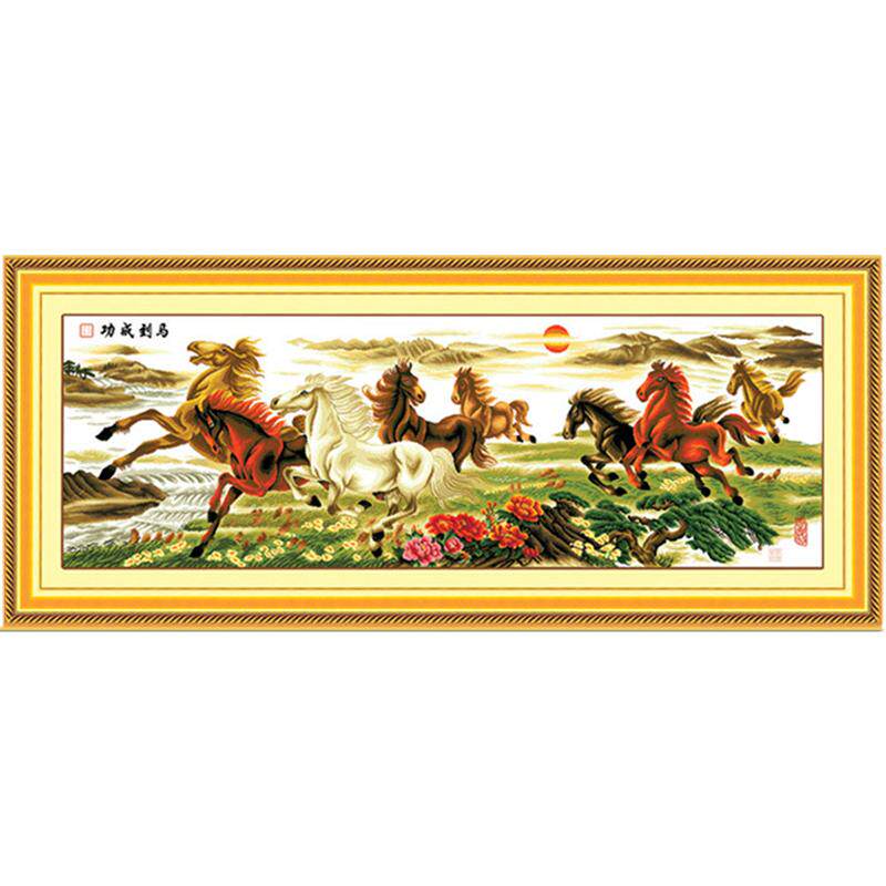 裱好的十字绣成品带框马到成功纯手工绣好的八骏奔腾图客厅装饰画