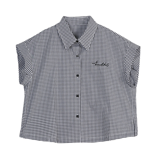 云上生活【树荫】格纹刺绣纯棉小飞袖翻领衬衫夏季百搭上衣女