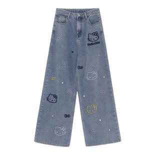 胖mm大码女装蓝色简约百搭牛仔裤女冬季加绒加厚kt猫刺绣直筒裤子