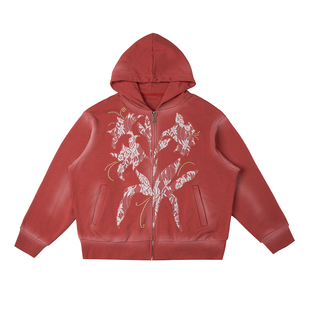 APRIORITY先验 丽珊德拉百合花蕾丝镶嵌酒红色喷色做旧开衫卫衣